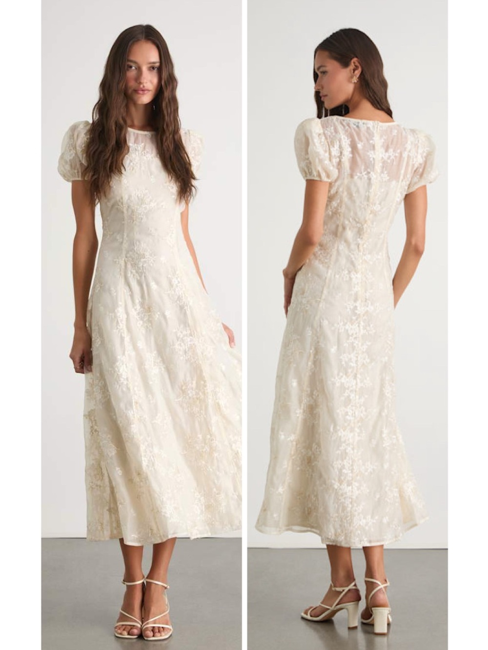 Lulus Elfrieda Cream Floral Embroidered Puff Sleeve Midi Dress Size Small Bridal